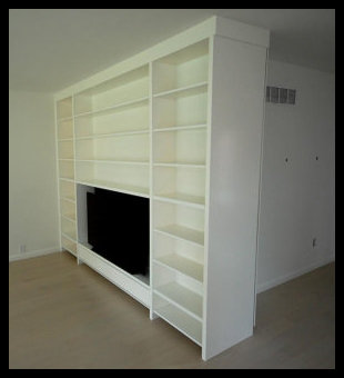 10ft white home entertainment center; 5x3 TV opening, open shelving, and custom drop-down media door; solid wood.