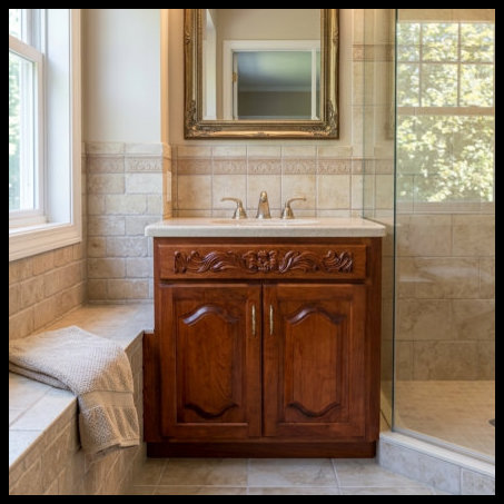 High-end custom Cherry wood bathroom vanity featuring deep-stained raised panel doors with arched details and a decorative hand-scrolled wood header.