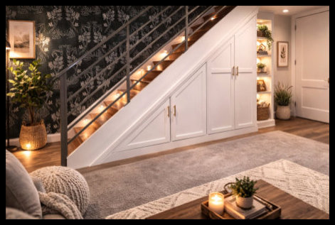 White mission-style under-stair cabinetry and lit bookcase, featuring integrated staircase lighting, candles, and decorative pottery.