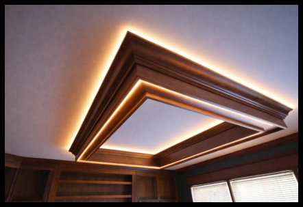 Solid Walnut Golden Ratio Ceiling Medallion with LED Lighting and Double Crown Molding - No Particle Board.