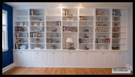 20ft wide white built-in with 14 inset doors and 7-tier bookcases on a 1.75 inch tabletop; solid wood, no particle board.